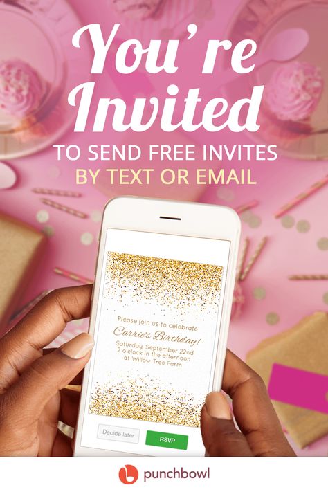 Send free party invitations by text message or email and get RSVPs instantly with Punchbowl! Party planning has never been faster. Start planning your special celebration now! Free Party Invitations, Sleepover Parties, Online Birthday Invitations, Make Birthday Invitations, Digital Invitations Birthday, Free Invitation Cards, Creative Template Design, Text Message Invitations, Online Party Invitations