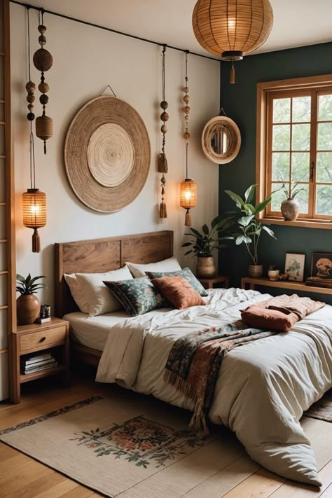 Natural Main Bedroom Ideas, Natural Zen Bedroom, European Boho Decor, Peaceful Decorating Ideas, Japanese Boho Interior, Boho Bedroom Minimal, Minimal Bedroom Design Ideas, Zen Room Ideas Bedrooms, Getting Ready Room Ideas