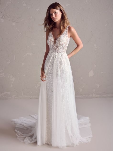 Trish Beaded Fit-and-Flare Wedding Gown | Rebecca Ingram Ethereal Bride, Bridal Traditions, Rebecca Ingram, Ivory Gown, Flare Gown, Curvy Bride, Exquisite Gowns, Social Dresses, Amazing Wedding Dress