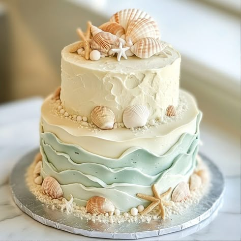 Beach Wedding Cake Topper, Ocean Theme Wedding Cake, Beachy Wedding Cake, Beach Theme Cakes Birthday, Beach Wedding Cakes Simple, Beach Themed 1st Birthday, Beach Wedding Table Decorations, Ocean Cake Ideas, Wedding Theme Ideas Color