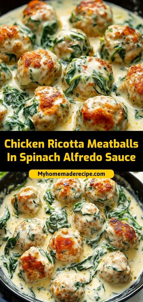 These Chicken Ricotta Meatballs in Spinach Alfredo Sauce are tender, flavorful chicken meatballs stuffed with ricotta cheese, served in a creamy spinach Alfredo sauce. A hearty and comforting meal that’s sure to impress! Ingredients: 1 lb ground chicken 1/2 cup ricotta cheese 1 cup spinach, chopped 1 cup Alfredo sauce A creamy and delicious twist on classic meatballs, ideal for dinner or meal prep Meatballs With Alfredo Sauce, Ricotta Recipes Healthy, Chicken Ricotta Meatballs, Spinach Alfredo Sauce, Recipes Using Ricotta Cheese, Recipe Using Ricotta, Chicken Spinach Recipes, Classic Meatballs, Chicken Ricotta