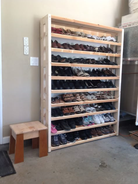 Shoe rack for my  wife. Shoe Rack For Garage, Diy Wood Shoe Rack Closet, Wood Pallet Shoe Rack Diy, Homemade Shoe Rack Wood, How To Build A Rotating Shoe Rack, Walk In Closet Freestand Wood Shoe Storage, Garage Shoe Rack, Shoe Shelf Diy, Build A Shoe Rack