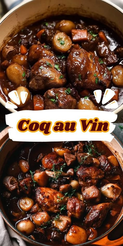 Coq au Vin Ingredients: Chicken Marinade: 4 chicken thighs (bone-in, skin-on) 4 chicken drumsticks 16 pearl onions or pickling onions 1 bay leaf 3 thyme sprigs (or 1 tsp dried thyme) 750 ml (3 cups) Pinot Noir or other dry red wine For Coq au Vin Stew: 400g (14oz) white mushrooms, halved (quartered if large) 150g (5oz) bacon, cut into 1 x 2.5cm batons 60g (4 tbsp) unsalted butter 3 garlic cloves, minced 2 tbsp tomato paste 7 tbsp plain/all-purpose flour #CoqauVin Coq Au Vin Chicken, French Coq Au Vin, Chicken Pinot Noir, Co Coq Vin, Coq Au Vin Crockpot, Red Wine Chicken Marinade, Co Au Vin Chicken, Cog Au Vin Recipe, Coco Vin Chicken