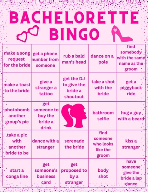 Barbie Bachelorette Bingo Barbie Bachelorette Party Games, Bach Cruise, Bridal Shower Timeline, Bachelorette Bingo, Barbie Bachelorette Party, Disco Barbie, Hens Weekend, Bingo Balls, Road Trip Bingo