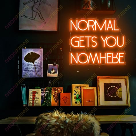 #NeonSigns #BrightIdeas #NeonCrafts #DIYNeon #NeonLightSigns #BrightIdeas Neon Sign In Gallery Wall, Neon Light Accent Wall, Normal Gets You Nowhere Neon, Neon Light Living Room Decor, Gallery Wall Neon Sign, Neon Light Wall Art, Neon Lights Office, Neon Signs For Home, Neon Office Decor