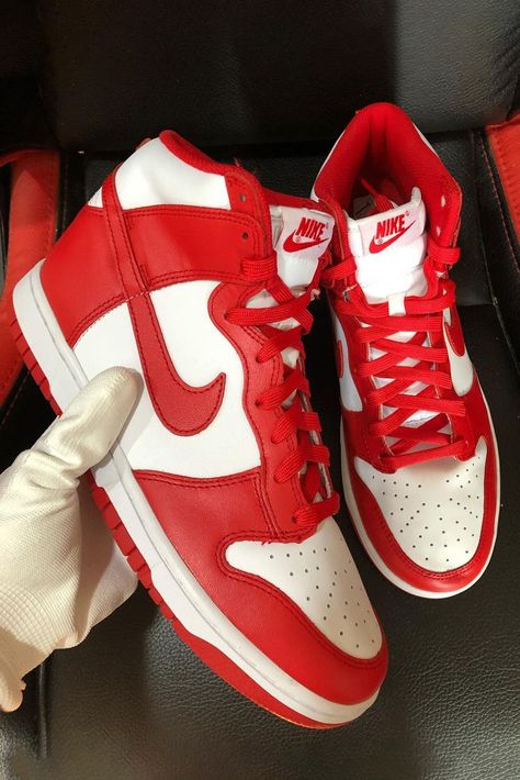 Nike Dunk High "University Red" Release Info | HYPEBEAST Red Dunks, High Dunks, Nike Dunks High, Red Nike Shoes, Red Jordans, Dr Shoes, Trendy Shoes Sneakers, Jordan Shoes Girls, Pretty Shoes Sneakers