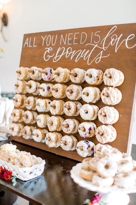 Wedding Donut Bar Dessert Tables, Fall Wedding Donut Bar, Donut Wall Wedding Dessert Tables, Donut Board Wedding Display, Decorated Donuts Ideas Wedding, Donut Peg Board Wedding, Wedding Reception Donut Bar, Wedding Dessert Station Ideas, Sweet Treats Wedding Table