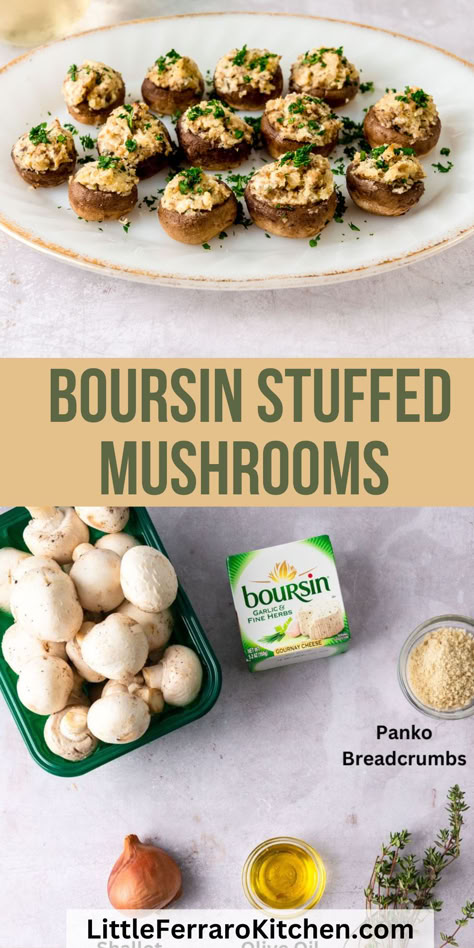 Your guests are going to go nuts over these Boursin stuffed mushrooms! Creamy herb and garlic cheese is mixed with sautéed shallots and stuffed inside button mushroom caps. After a quick bake, you won't be able to resist these easy savory and cheesy stuffed mushrooms! Boursin Recipe, Boursin Cheese Appetizers, Boursin Stuffed Mushrooms, Boursin Appetizers, Charcuterie Items, Cheesy Stuffed Mushrooms, Easy Stuffed Mushroom Recipe, Mushroom Pate, Mushroom Appetizer Recipes