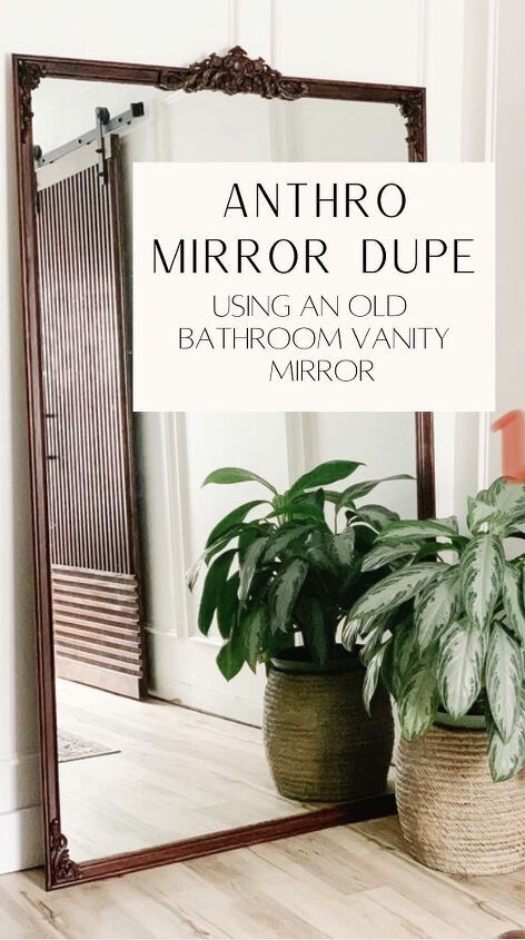 Floor Mirror Bathroom, How To Reframe A Mirror Diy Projects, Bathroom With Floor Mirror, Large Mirror Diy Projects, Make Your Own Mirror Frame, Diy Leaning Mirror Frame, Art Deco Mirror Diy, Frame Old Bathroom Mirror, Reframing Mirror