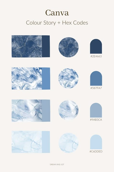 A cool blue marble ink colour palette. Type these hex codes into the colour field on Canva to use for your next design. Feature available with Canva Pro..#BusinessFonts #Typography #GraphicDesign #FontInspiration #ProfessionalFonts #CreativeFonts #FontObsessed #FontLove Wedding Blue Color Palette, Marble Color Palette, Canva Colour Palettes, Wedding Palette Blue, Types Of Blue Colour, Blue Color Hex, Colour Palette With Hex Codes, Colour Palette Blue, Blue Hex Code