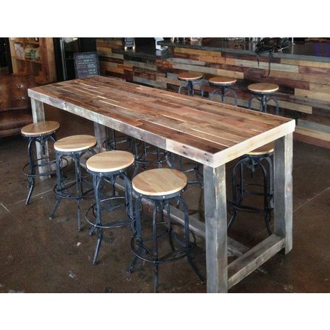 Buy a bar table: eating and drinking at a higher level! Reclaimed wood community bar restaurant table is well sanded and Reclaimed Wood Bars, Restaurant Counter, Wood Bar Table, High Top Tables, Pub Set, Pub Table Sets, Patio Bar Set, Bar Tables, Bar Height Table