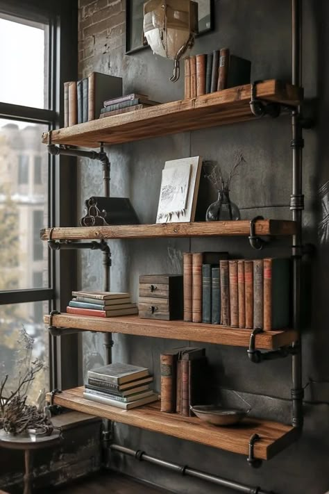 Create a stylish industrial vibe in your home with DIY pipe shelving! This project is perfect for adding functional and chic storage to any space using simple materials like pipes and wood. 🏡✨ #DIYPipeShelving #IndustrialDecor #HomeStorageIdeas #DIYHomeProjects #EcoFriendlyDecor Office Hanging Shelves, Wooden Shelves With Pipes, Industrial Shelving Ideas, Industrial Built Ins, Small Home Industrial Design, Industrial Wood Shelves, Industrial Style Shelves, Pipe Decoration Ideas, Pipe Bar Shelves