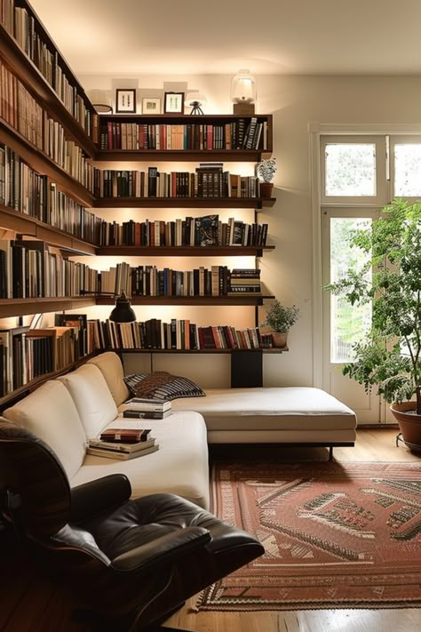 Trendy Shelving Units for Modern Home Libraries: Functional and Fashionable - Quiet Minimal Books Furniture Ideas, Office In Home Ideas, Books In Room Ideas, Industrial Home Library, Den Living Room Ideas, Bedrooms With Books, Library Home Ideas, Design Home Ideas Modern, Book Shelves Bedroom