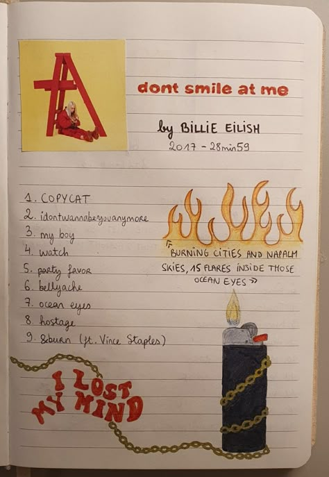 Billie Eilish Notebook Drawing, Billie Eilish Scrapbook Ideas, Billie Eilish Journal Ideas, Billie Eilish Inspired Drawings, Billie Eilish Scrapbook, Billie Eilish Dessin, Billie Eilish Diy Crafts, Billie Eilish Drawing Ideas, Billie Eilish Writing