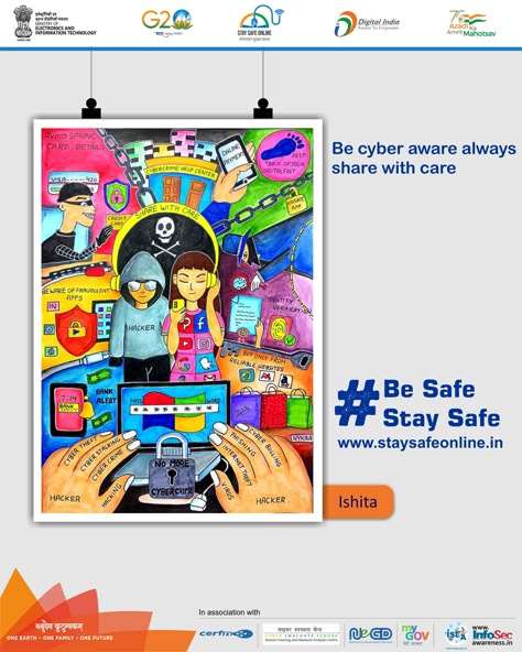 Share with care!! Painting of the day🖌️🎨 #art #staysafeonline #cybersecurity #G20India #G20DEWG #Besafe #staysafe #MyGov #SSOIndia #MeitY #onlinefraud #NIC #certIn #hyderabad #cybercrime #mumbai #delhi #followforfollow #instadaily #instagram #trending #painting #chennai #bangalore #secunderabad #kolkata #pune #india #scam #cricket Poster About Online Safety And Security, Cybersecurity Drawing, Safer Internet Day Posters, Cybercrime Poster Drawing, Cybercrime Poster, Think Before You Click Poster Drawing, Online Safety Poster, Social Media Poster Drawing, Safety Poster Drawing