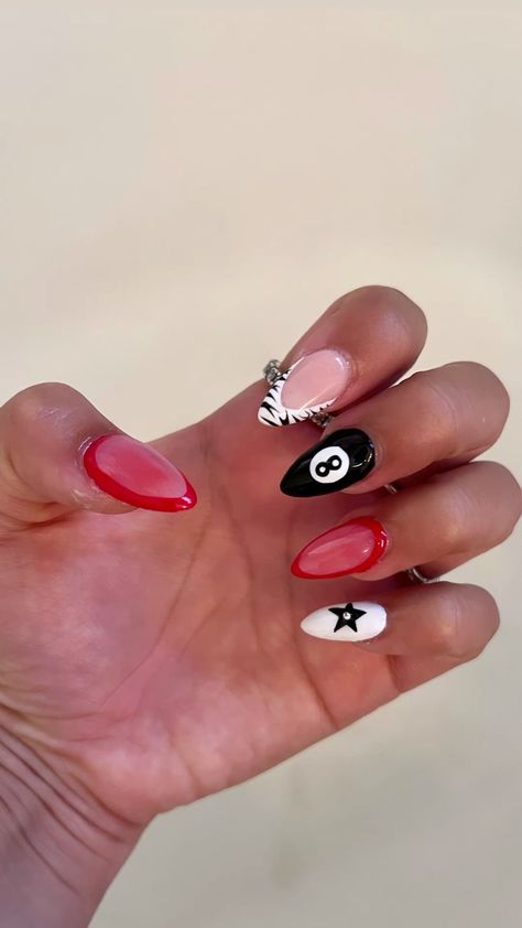 Gel Nails Fire Design, October Nail Inspo Almond, Zebra Red Nails, Cute Nails Acrylic 2024, Cute Nails 8 Ball, Nail Inspo Mexican, Cheetah 8 Ball Nails, Fall Nails Almond Short, Cute Basic Almond Nails