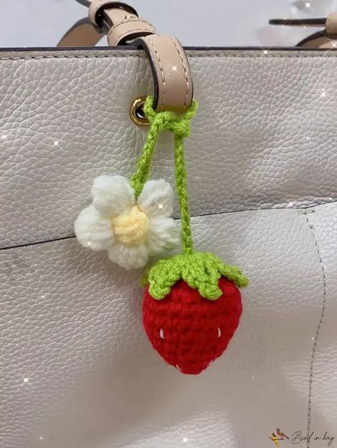 Bird in Bag - Handcrafted Strawberry Knit Keychain: Handmade Crochet Wool Bag Key Chain, Keyring, and Backpack Ornament - Charming Bag, Purse, and Accessory Gift for Birthdays and Graduations. DIY Crochet Strawberry Pendant - Exquisite Finished Product Ideal for Creating Cute, Handmade Treasures. - Red, one-size Small Crochet Gifts, Mochila Crochet, Crochet Keychains, Keychain Pattern, Crochet Strawberry, Cute Keychains, Keychain Crochet, Wool Bags, Crochet Backpack