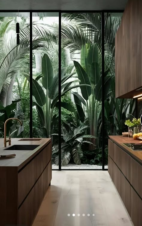 Jungle Modern House, Nature Luxury House, Kitchen With Indoor Garden, Modern Nature Interior Design, Modern Natural Kitchen Design, Plant Oasis Indoor, Modern Natural House Design, Modern Kitchen With Plants, Greenery Interior Design