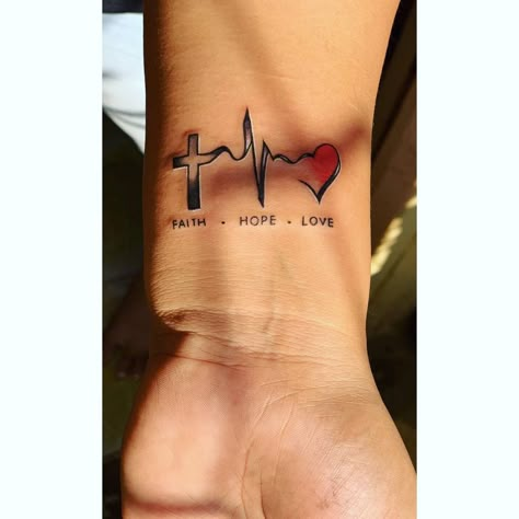 wrist faith hope love tattoos _vishalsawant_ Faith And Love Tattoos, Mens Love Tattoos, My Love Tattoo Ideas, Faith Meaning Tattoo, Love Tattoo Men, The Word Love Tattoos, Christian Arm Tattoo Men, Cross Love Tattoo, Love Tattoo For Men