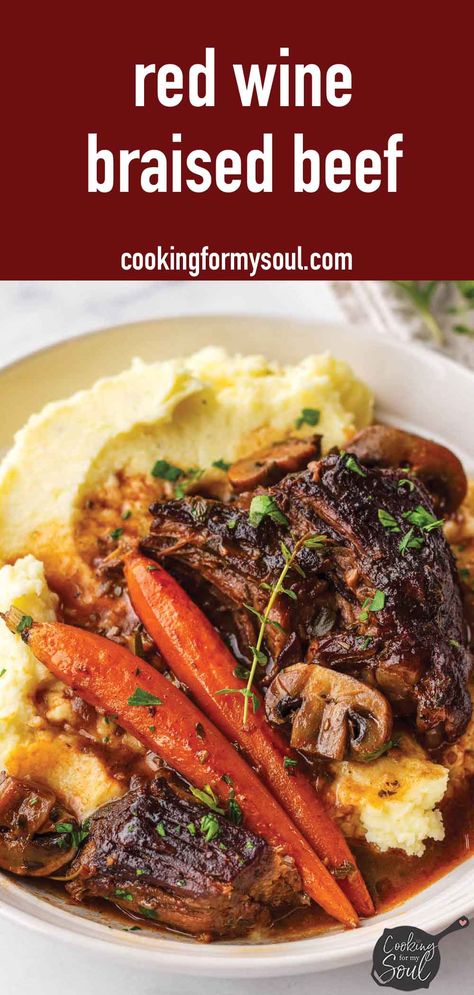 Red Wine Braised Beef! This oven braised beef with red wine is the ultimate fall and winter comfort food! It's tender, juicy, and so flavorful. Cooking Wine Recipes, Red Wine Braised Beef, Wine Braised Beef, Cooking With Red Wine, Dutch Oven Roast Chicken, Red Wine Beef Stew, Braised Beef Stew, Braised Beef Recipes, Dutch Oven Beef