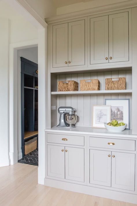 Pantry Renovation, Kitchen With White Cabinets, Built In China Cabinet, Greige Kitchen, Kitchen Built In, Built In Pantry, Custom Pantry, Pantry Wall, Built In Cabinet