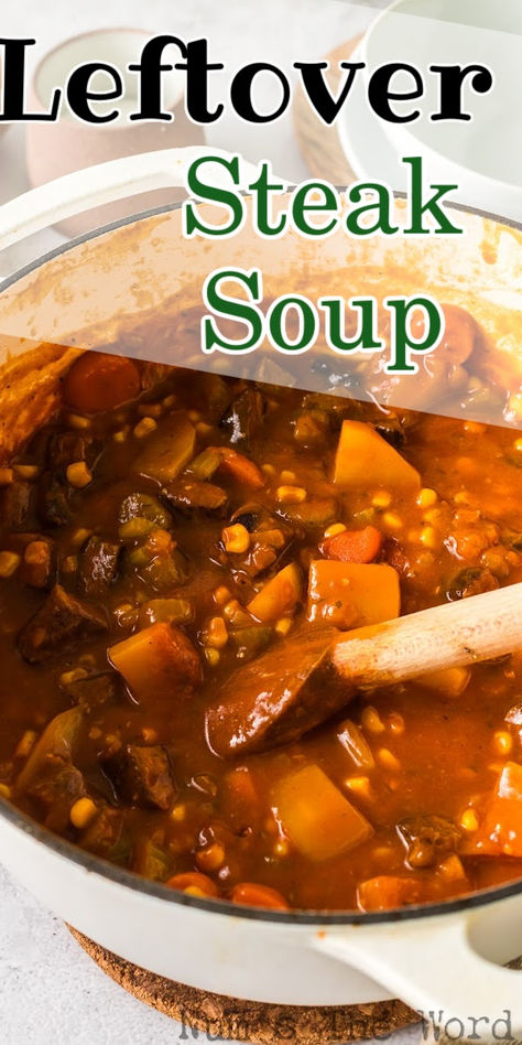 There’s something magical about transforming last night’s steak into today’s comforting bowl of soup! This Leftover Steak Soup is so easy to make too! #numstheword #leftoversteaksoup #soupfromleftoversteak #steaksoupwithleftoversteak #leftoversteaksouprecipe #soupwithleftoversteak #leftoversteakandpotatosoup #beefsoupwithleftoversteak #soupmadewithleftoversteak Leftover Steak Chili Recipe, Leftover Beef Roast Soup, Beef Tenderloin Soup, Round Steak Soup Recipes, Soup With Steak In It, Beef Stew With Leftover Steak, Crockpot Steak Soup, Leftover Roast Soup, What To Do With Leftover Steak Bites