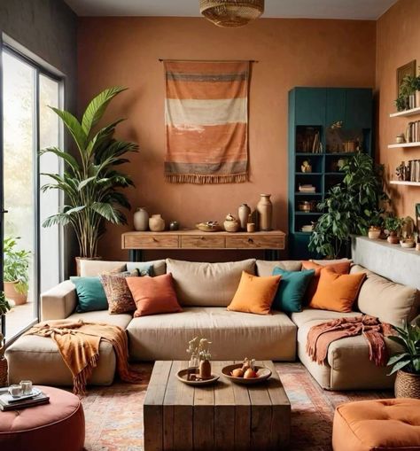 Modern Hacienda Living Room, Teal And Terracotta Living Room, Terracotta Color Palette Living Room, Orange And Teal Living Room, Terra Cotta Living Room, Eclectic Living Rooms, Mexican Living Room, Desert Living Room, Terracotta Living Room