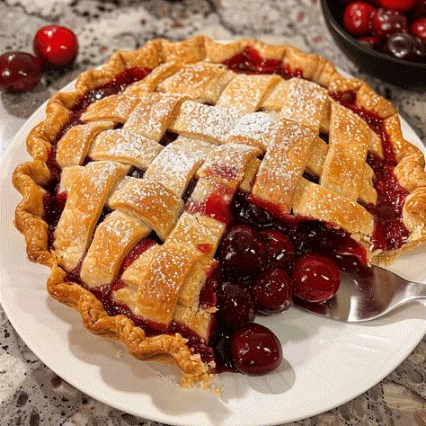 Classic homemade cherry pie with a flaky crust and sweet filling. Perfect for any occasion. Ready in 1 hour. The Best Cherry Pie, Best Cherry Pie Filling, Cherry Pie With Fresh Cherries, German Cherry Pie, Cherry Pie From Frozen Cherries, Cherry Pie Thanksgiving, Cherry Pie Aesthetic, Cherry Food, Cherry Pie Crust Recipe