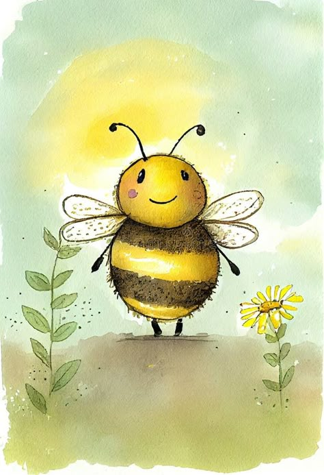 Happy bee watercolor background. AI generated royalty free stock image Bee Pictures Art, Bee Watercolor, Food Watercolor, Bee Images, Bee Drawing, Bee Pictures, Whimsical Art Paintings, Bee Painting, Bee Illustration