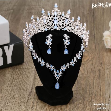 Diadem Wedding Blue Silver Light Royal Jewelry Set Pageant Crown Necklace Earrings Gorgeous Quinceanera Tiara Sweet 16 Bridal Accessories by BePhoraStore on Etsy Light Blue Quince Tiara, Cinderella Quince Crown, Sweet 16 Blue Theme, Light Blue Quinceanera Theme, Light Blue Quinceanera Ideas, Baby Blue Quinceanera Theme, Baby Blue Quince, Crown Sweet 16, Light Blue Crown