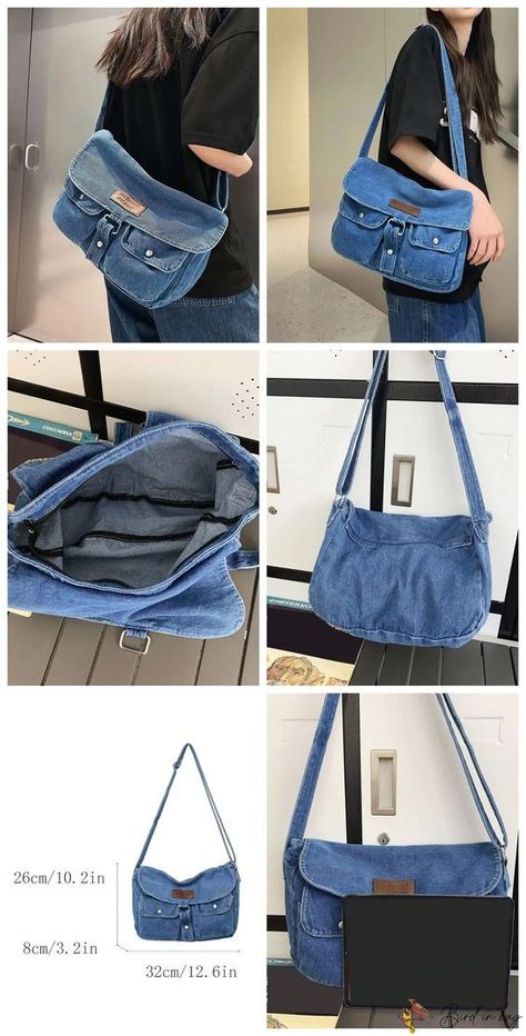 BirdinBag – Stylish Denim Messenger Bag – Letter Patch Decor, Flap Closure #jeansbagpatterns #jeanbagspatternideas #recyclejeansbagpattern Denim Messenger Bag Diy, Bag Made From Jeans, Jeans Bag Diy, Jeans Bags Ideas, Denim Bags From Jeans, Diy Jean Bag, Denim Messenger Bag, Tas Denim, Messenger Bag Patterns