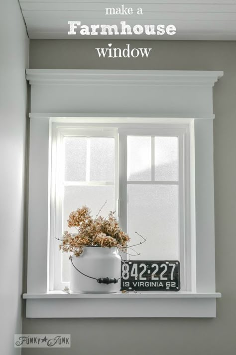 How to make a farmhouse window with plain stock lumber and no miter cuts! Part of a salvaged farmhouse bathroom reno on funkyjunkinteriors.net Farmhouse Window Trim, Stairs And Doors, Farmhouse Design Ideas, House Trim, Farmhouse Renovation, Funky Junk Interiors, Doors And Floors, Farmhouse Windows, Modern Farmhouse Bathroom