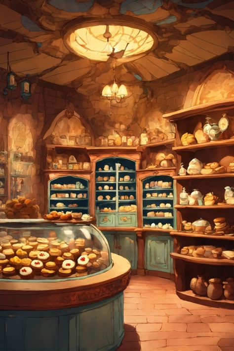 Inside of a whimsical bakery Cottage Core Bakery Interior, Bakery Fantasy Art, Bakery Art Drawing, Magical Bakery Aesthetic, Medieval Bakery Aesthetic, Fantasy Bakery Concept Art, Fantasy Bakery Aesthetic, Fantasy Restaurant Concept Art, Bakery Concept Art