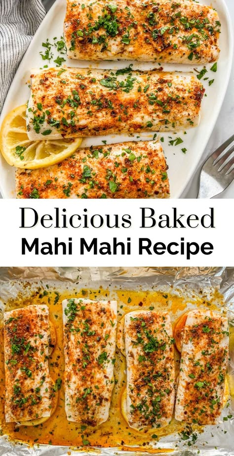 If you love the mild taste of white fish, you'll love this easy, baked mahi mahi recipe. You'll get a delicious fish that comes together in about 20 minutes!  Mahi Mahi has a wonderful mild flavor with a bit of sweetness and a nice, firm texture. Paired with butter, lemon, and just the right seasonings, then baked to perfection, it's a really tasty fish. Fish Mahi Mahi, Best Fish Dinner Recipes, Fish That Doesn't Taste Fishy, Simple Fish Dinner, Fish Mahi Mahi Recipes, Fish Dinner Recipes Mahi Mahi, Instant Pot Mahi Mahi Recipes, Moist Mahi Mahi Recipes, Whole 30 Mahi Mahi Recipes