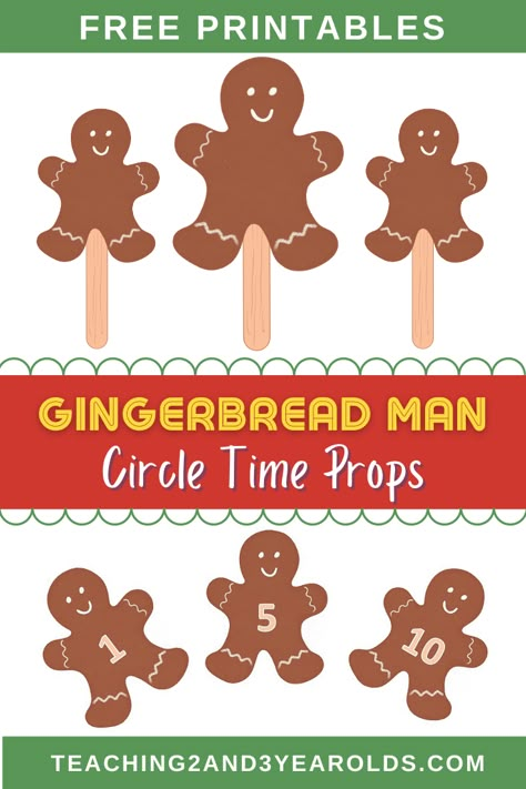 These free gingerbread man circle time props can be used while reading and singing related books and songs. Having visuals keeps toddlers and preschoolers engaged, too! #toddlers #preschool #gingerbreadman #christmas #holidays #circletime #literacy #music #2yearolds #3yearolds #printable #teaching2and3yearolds Gingerbread Man Song, Circle Time Printables, Circle Time Props, Gingerbread Activities Preschool, Gingerbread Man Preschool, Gingerbread Man Book, Preschool Literacy Activities, December Lesson Plans, Preschool Gingerbread