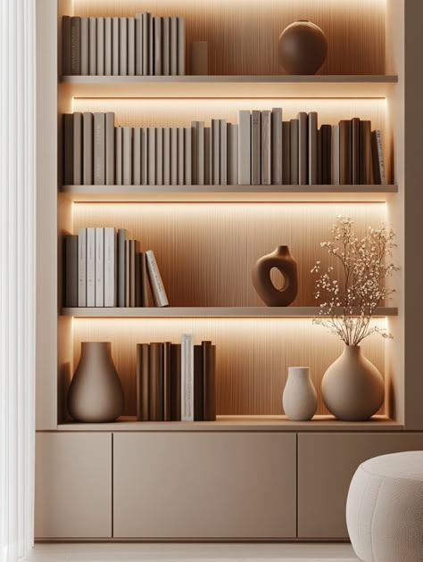 🛋️✨ 15 Stunning Bookshelf Ideas You’ll Fall in Love With! 💖 - Bookshelf Modern Design, Books Shelf Design, Bookshelf Interior Design, Playroom Bookshelf Ideas, Book Shelves Next To Fireplace, Built In Shelves Library, Backlit Bookshelves, Library Room Ideas Modern, Wavy Bookshelf