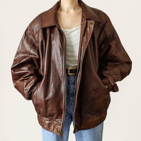 Vintage brown leather bomber jacket  Tag size XL Pit... - Depop Big Brown Leather Jacket, Brown Pilot Jacket Outfit, Vintage Brown Leather Jacket Outfit, Brown Jacket Aesthetic, Brown Leather Jacket Aesthetic, Ireland Fits, Brown Vintage Jacket, Jeans Marron, Brown Leather Jacket Outfit