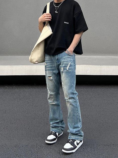 Straight Slim Ripped Flared Jeans Men’s Ripped Jeans, Outfit Nam, Mens Jeans Fashion, Ripped Jeans For Men, Cutbray Jeans, Fashion Trousers, Ripped Jeans Outfit, Ripped Jeans Men, Korean Streetwear