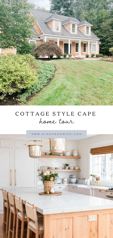 This cottage style cape home with cedar shake is located on the seacoast of New Hampshire and is filled with classic touches and plenty of built-ins. Follow along as I add decor and organization in order to make this cape cod style cottage house our own. Cape Cod Window Treatments, Cape Cod Home Exterior Colors, Cape Cod Makeover, Shaker Style Exterior Homes, Cape Cod House Exterior Porch, Cape Cod Style Exterior, Cape House Kitchen, Cape Cod Farmhouse Interior Design, Cape Cod Design