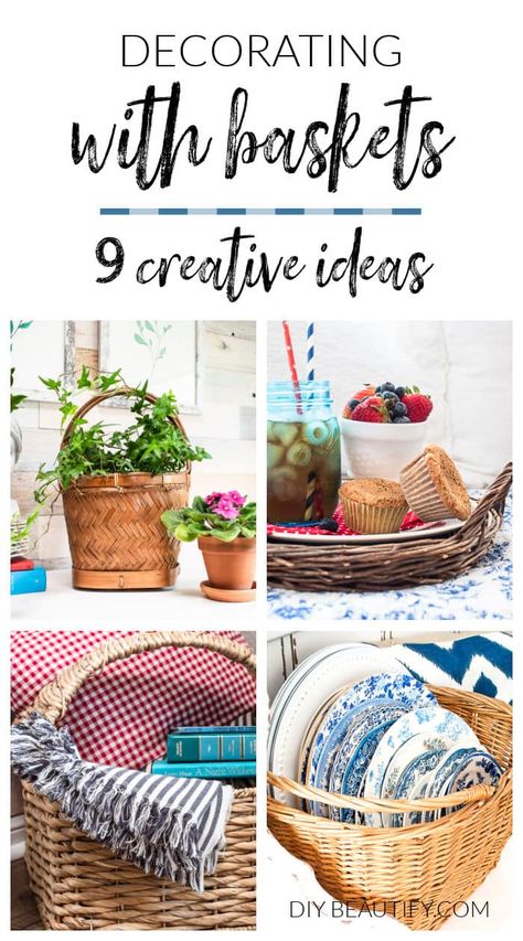 Whether thrifted or store bought, baskets can be incorporated into your home decor and be both functional and decorative! Here are 9 creative ideas for decorating with baskets. Basket With Handle Decor Ideas, Large Basket Decor Ideas, Vintage Picnic Basket Decor, How To Decorate Baskets, Small Basket Decor, Wicker Basket Decor Ideas, Picnic Basket Decor, Basket Styling, Decor With Baskets