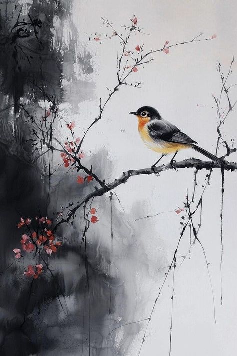 Elegant Bird on Cherry Blossom Branch Canvas Print Original Art in Asian Style for Wall Decor and Home Decor by CustomCanvasCurators 🌸🎨 Just dropped! Check out our stunning new artwork featuring a vibrant bird perched on a delicate cherry blossom branch. Inspired by the beautiful styles of Asian artists, this piece blends traditional and contemporary vibes perfectly. With vivid colors against soft grays and pinks, it’s not just a decoration; it's a statement! 🐦💖 Every detail—from the in... Japanese Ink Painting, Subtle Background, Blossom Branch, Cherry Blossom Branch, Custom Canvas Prints, Bird Wall Art, Blurred Background, Orange And Pink, Black And Orange