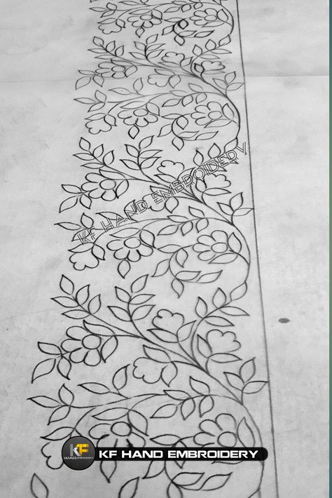 Flowers Saree Design, Sarees Embroidery Design, Saree Embroidery Design Sketch, Embroidery Pencil Designs, Saree Patterns Design, Border Embroidery Designs Border Embroidery Designs Patterns, Ambodari Design, Aari Work Saree Border Designs, Hand Embroidery Designs For Sarees