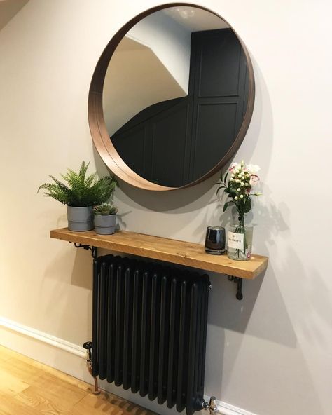 Rustic Hallway Table, Hallway Shelf, Rustic Hallway, Rustic Wooden Shelves, Hallway Mirror, Hallway Inspiration, Narrow Hallway Decorating, Hallway Designs, Hal Decor