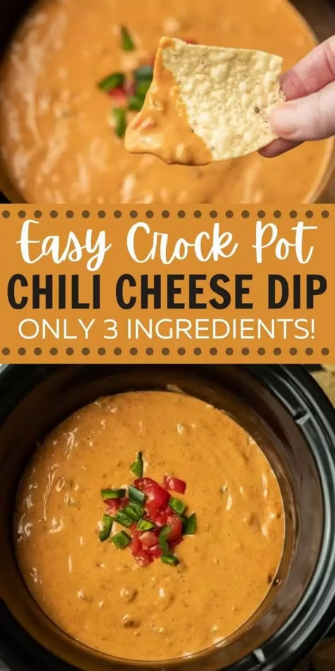 Make this easy 3 ingredient chili cheese dip in your slow cooker! This crock pot chili cheese dip with Velveeta is easy to make and delicious too! This slow cooker dip recipe is gluten free and simple to make in minutes! #eatingonadime #diprecipes #crockpotrecipes #appetizerrecipes Chilis Queso Dip Crockpot, Chili Cheese Queso Dip, Slow Cooker Chili Cheese Dip, Chilli Dip Recipe, Crockpot Chili Dip, Crock Pot Chili Cheese Dip, Chilli Cheese Dip Crockpot, Cheese Dip With Velveeta, Dip Recipes With Cream Cheese