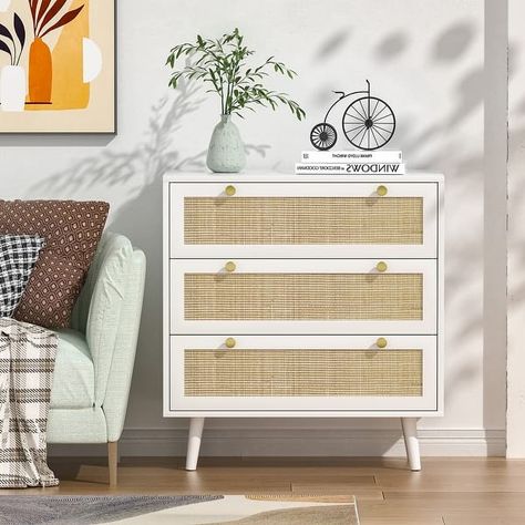 3-Drawer White Wood Bedroom Dresser Modern Rattan Chest of Drawers for Living Room - Bed Bath & Beyond - 36935386 Rattan Panel, White Dresser Bedroom, Rattan Dresser, Rattan Doors, Wood Storage Cabinet, Dresser Wood, White Chest Of Drawers, Dresser Cabinet, White Chest