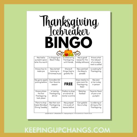 Free FALL THANKSGIVING ICEBREAKER HUMAN PEOPLE BINGO for Thanksgiving holiday party game idea. Get to know, mix and mingle, socialize, teambuilding for school classroom, office coworkers, group gathering. Easy to DIY instant digital download. High school, college, ESL, virtual Zoom party. Fun, funny, hilarious, modern, coed, unique, creative. November Ice Breakers, Thanksgiving Find Someone Who, Thanksgiving Bingo For Adults, Thanksgiving Ice Breakers For Adults, Thanksgiving Icebreaker Games, Funny Thanksgiving Games For Family, November Team Building Activities, Fall Team Building Activities For Adults, Thanksgiving Office Ideas