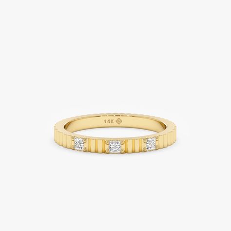 Round-cut geometric perfection! This modern fluted design catches the light beautifully all the way around. Choose from 14k or 18k solid gold and enjoy a captivating ribbed design contrasted with the brilliance of natural, 5 brilliant-cut diamonds. This ring makes a timeless anniversary gift, offering a thoughtful and enduring symbol of love and commitment in a beautiful, contemporary style. - Handmade - Solid Gold - Natural Diamonds  - G Color, SI Quality Diamonds - Total Diamond Carat Weight: 0.22 ctw - Width of the Band: 2 mm - Height: 2.1 mm 🛠 Your Sarah Elise piece is handcrafted with care! Ready-to-ship items go out within 3 business days. Made-to-order pieces typically take 7-10 business days to create. If you need something sooner, please contact us - we'll see if we can make it h 3 Diamond Ring, Ribbed Ring, Rib Ring, Princess Cut Diamond Ring, Push Present, Diamond Ring Princess Cut, Masculine Feminine, Solid Gold Band, Ring Stack