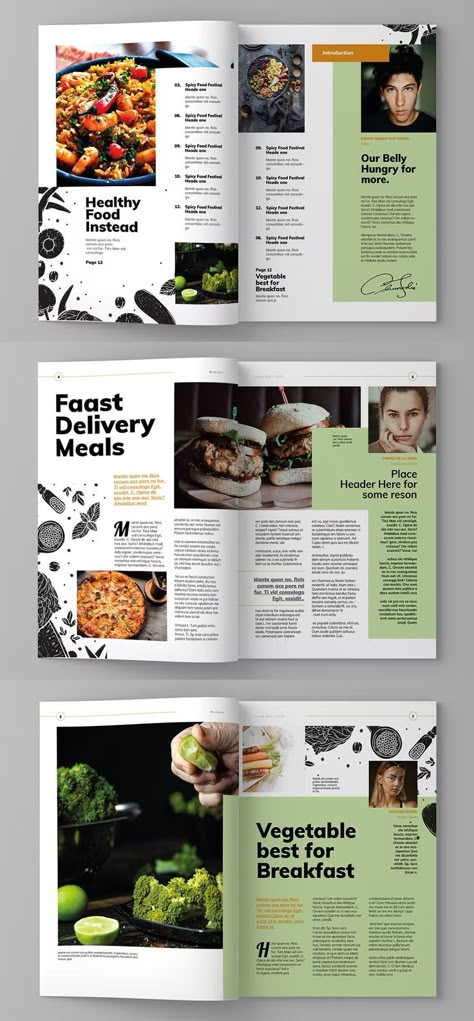 Food Magazine Template InDesign INDD. 15 custom pages design. A4 & US letter format paper size. Magazine Format Design, Creative Book Layout Design, Editorial Magazine Design Layout, Magazine Food Layout, Fun Magazine Design, Holiday Magazine Layout, Business Magazine Design, Article Design Layout Magazine Spreads, Cooking Magazine Design