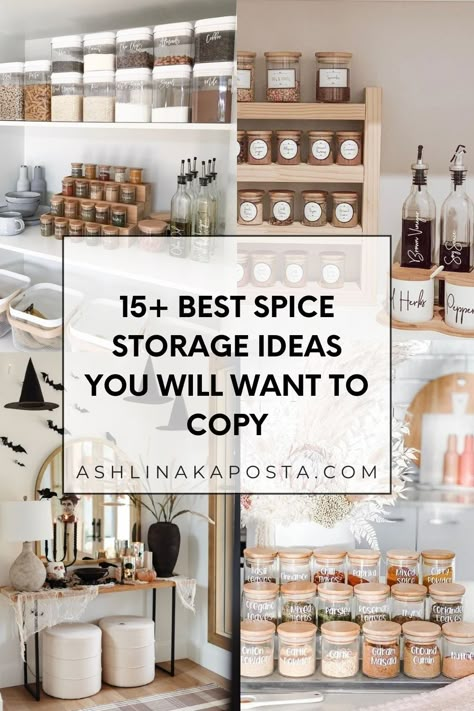 15+ Best Spice Storage Ideas You Will Want to Recreate In Your Kitchen — ASHLINA KAPOSTA Kitchen Shelves For Spices, Display Spices In Kitchen, Farmhouse Spice Storage, Kitchen Condiments Storage Ideas, Open Shelf Spice Storage, Best Place For Spices In Kitchen, Seasoning Organization Countertop, Spices On Counter, Spice Organization Countertop