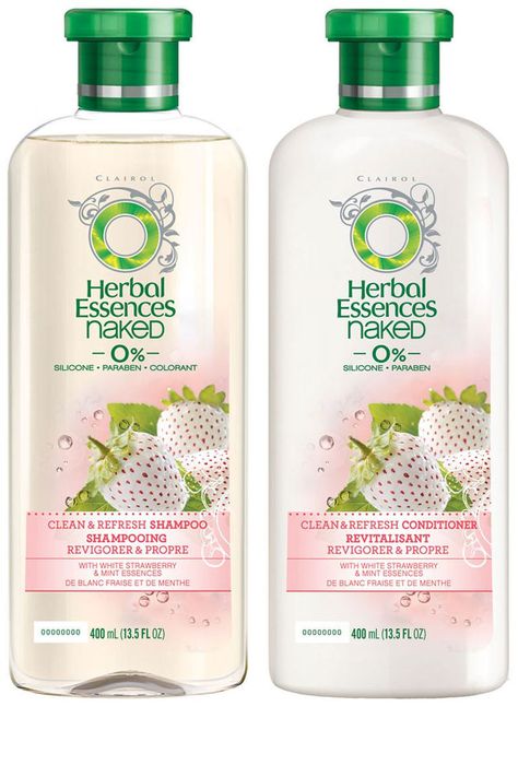 You might miss the brand's signature scent, but you won't miss the heavy and dulling silicones, parabens or dyes that most formulas contain. Don't worry if it doesn't get as frothy as you anticipate: Low lather formulas are actually less damaging for your cuticle. Herbal Essences Naked Clean & Refresh Shampoo and Conditioner, $5/each, target.com. Strawberry Shampoo, Summer Beauty Products, Herbal Essence Shampoo, Shampoo Packaging, Caring For Colored Hair, Mint Shampoo, Strawberry Mint, Beauty And Makeup, Herbal Essences